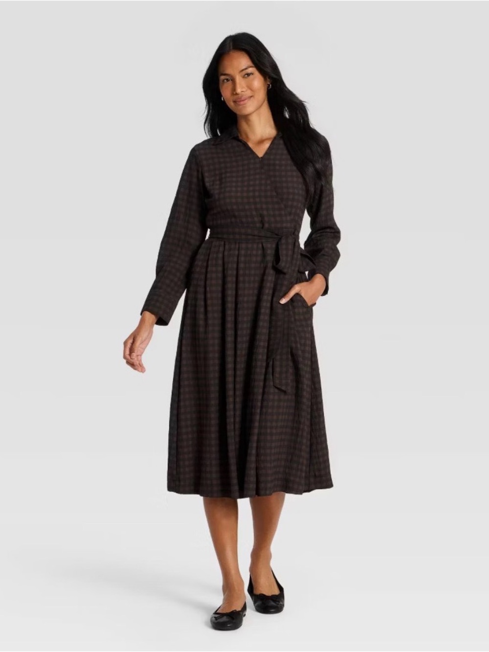 Women's Long Sleeve Tie-Waist Midi Dress - A